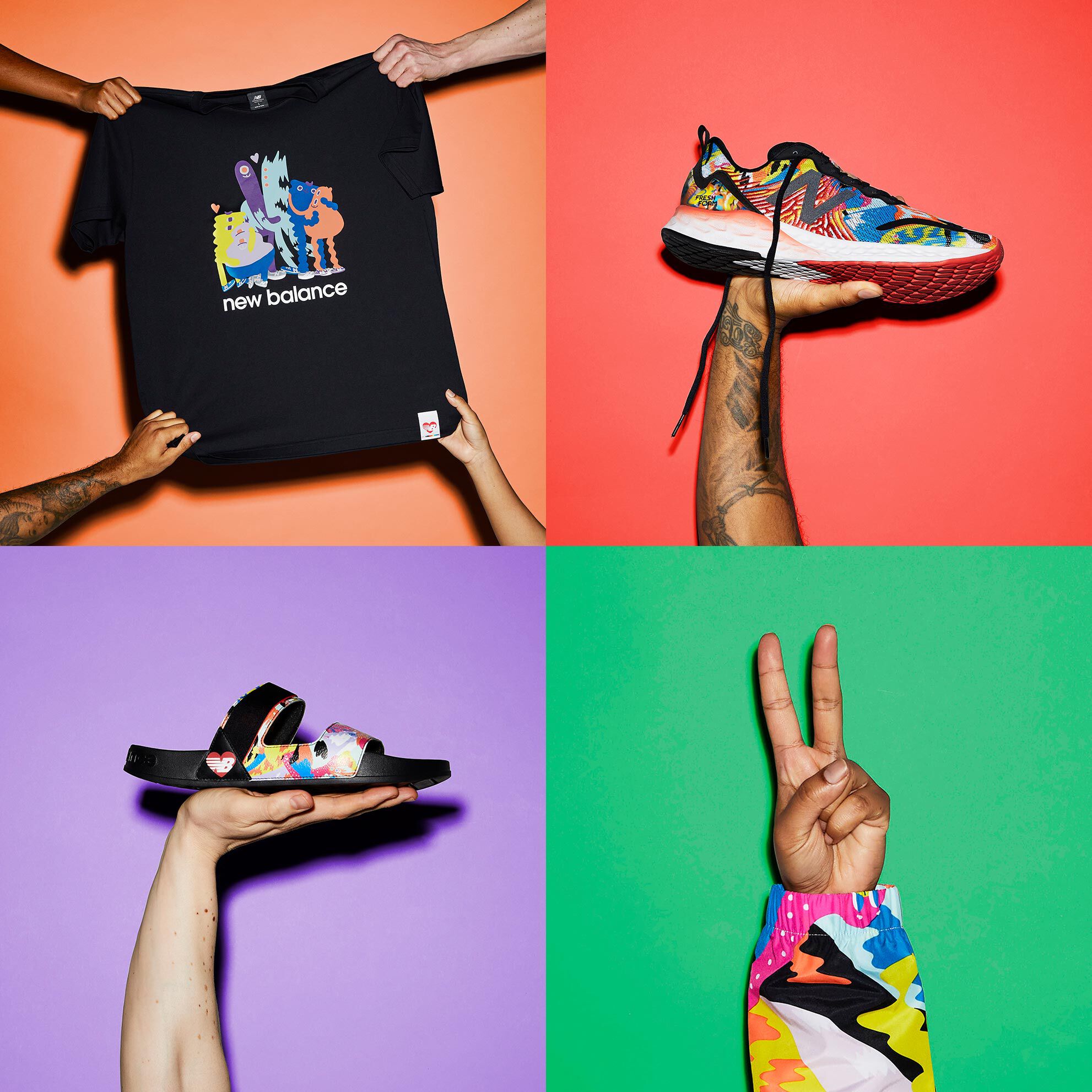 A variety of Pride product laid out against a grid of colorful backgrounds