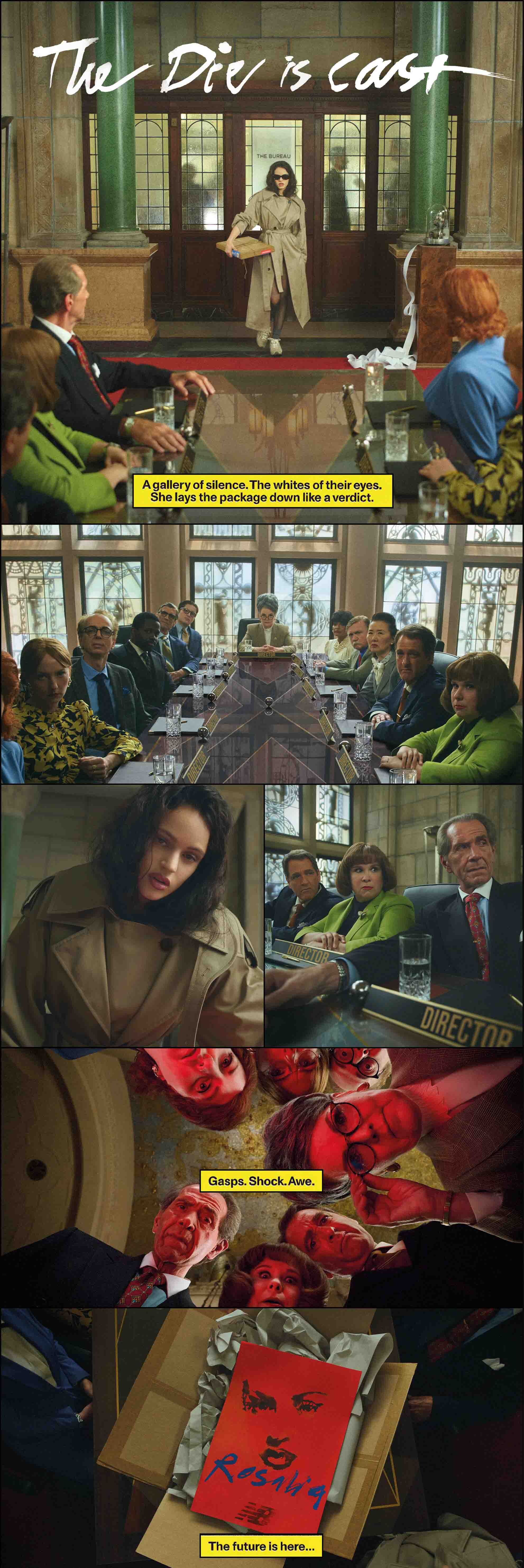 Pictures in a comic collage of Rosalía walking into a board room full of well-dressed people. She hands them a package, and they look inside to find a poster of her with the New Balance logo.