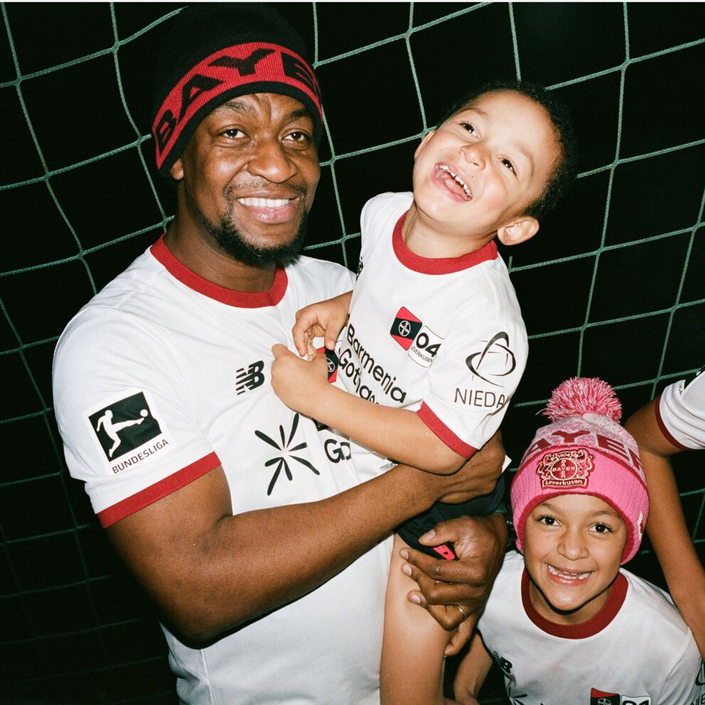 Collage of three photos featuring Bayer 04 Leverkusen football fans and players in team jerseys. 